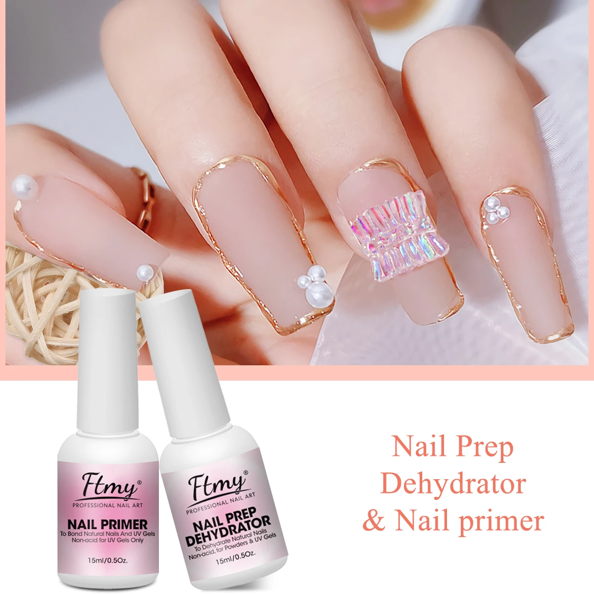 Desidratador de preparação de unhas 5 tamanhos e base de gel primer sem ácido conjunto com óleo de cutícula de unha, desidratador para acrílico e gel n