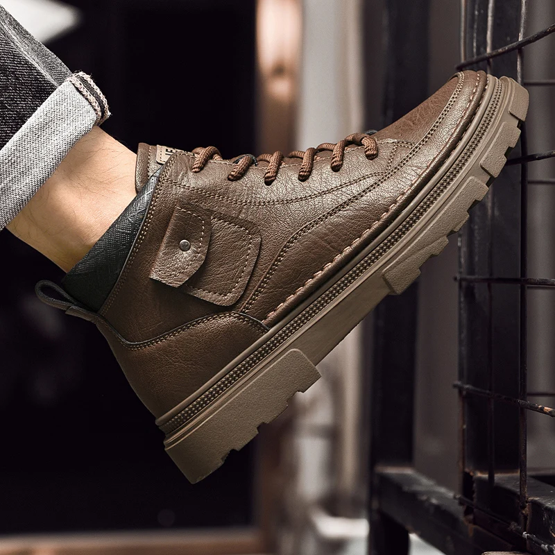 

Fashion British Style High Top Men's Leather Boots Luxury Brand Business Versatile Leather Boots Outdoor Anti Slip Driving Shoes