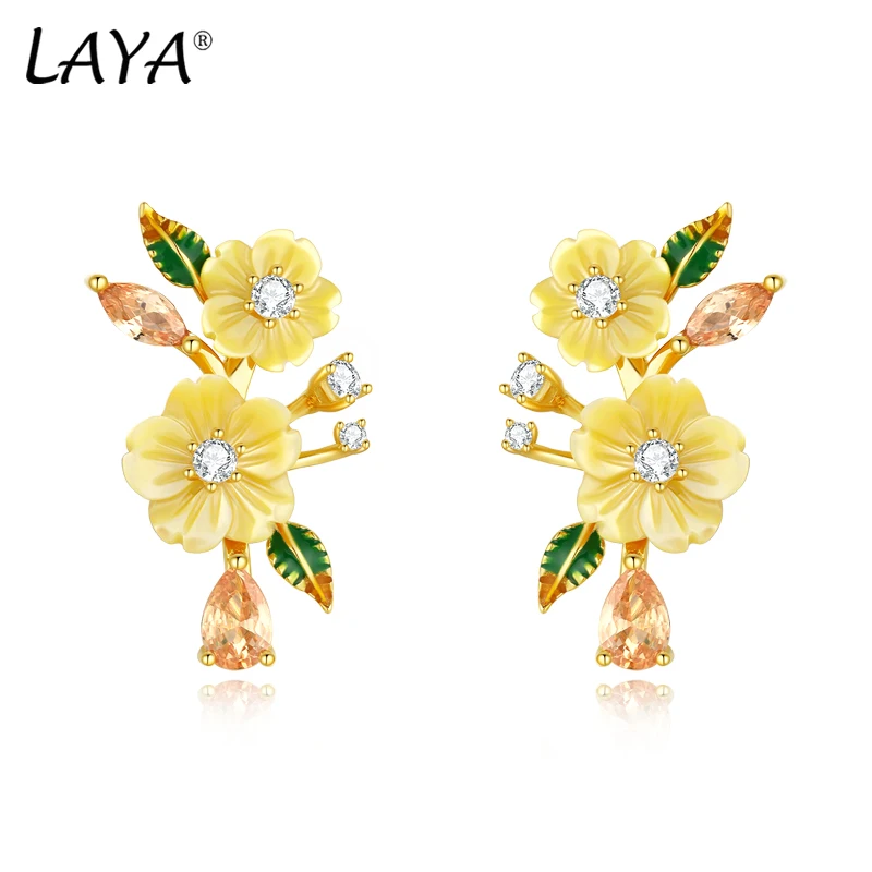 

LAYA Earrings For Women Yellow Shell Flower Shining Colorful Zircon Handmade Enamel 925 Sterling Silver Fashion Fine Jewelr