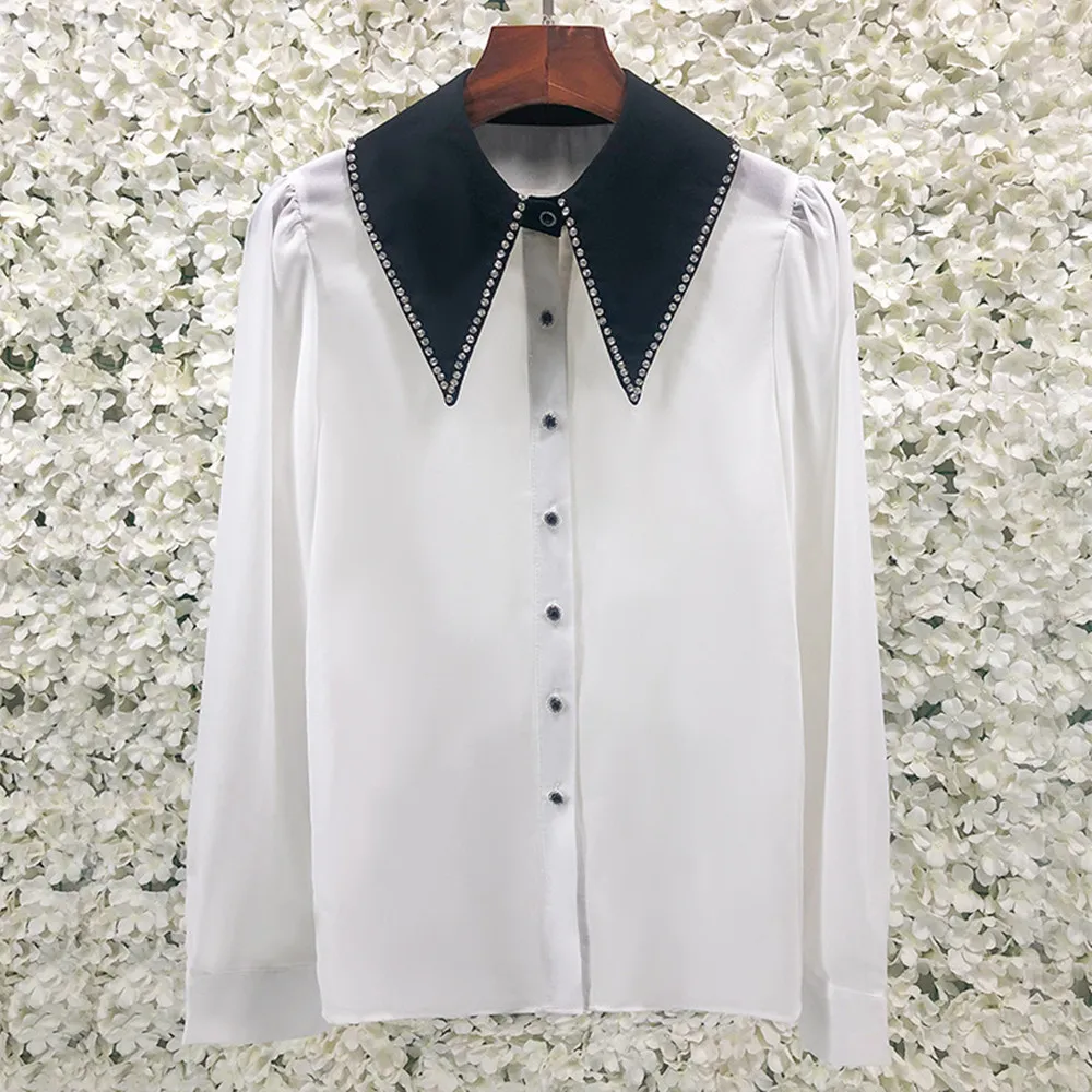 

2022 Spring New Designer Women's High Quality Diamonds Sweet Chiffon Shirts C725