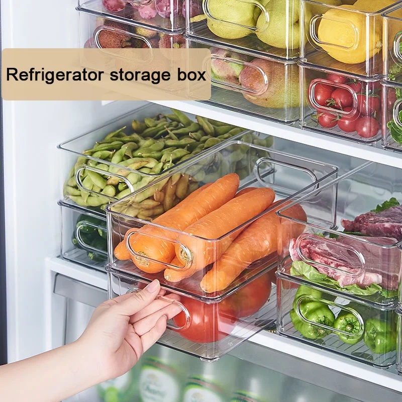 1pc Refrigerator Organizer Bins Stackable Fridge Food Storage Box With Handle Clear Plastic Pantry Food Freezer Organizer Tool