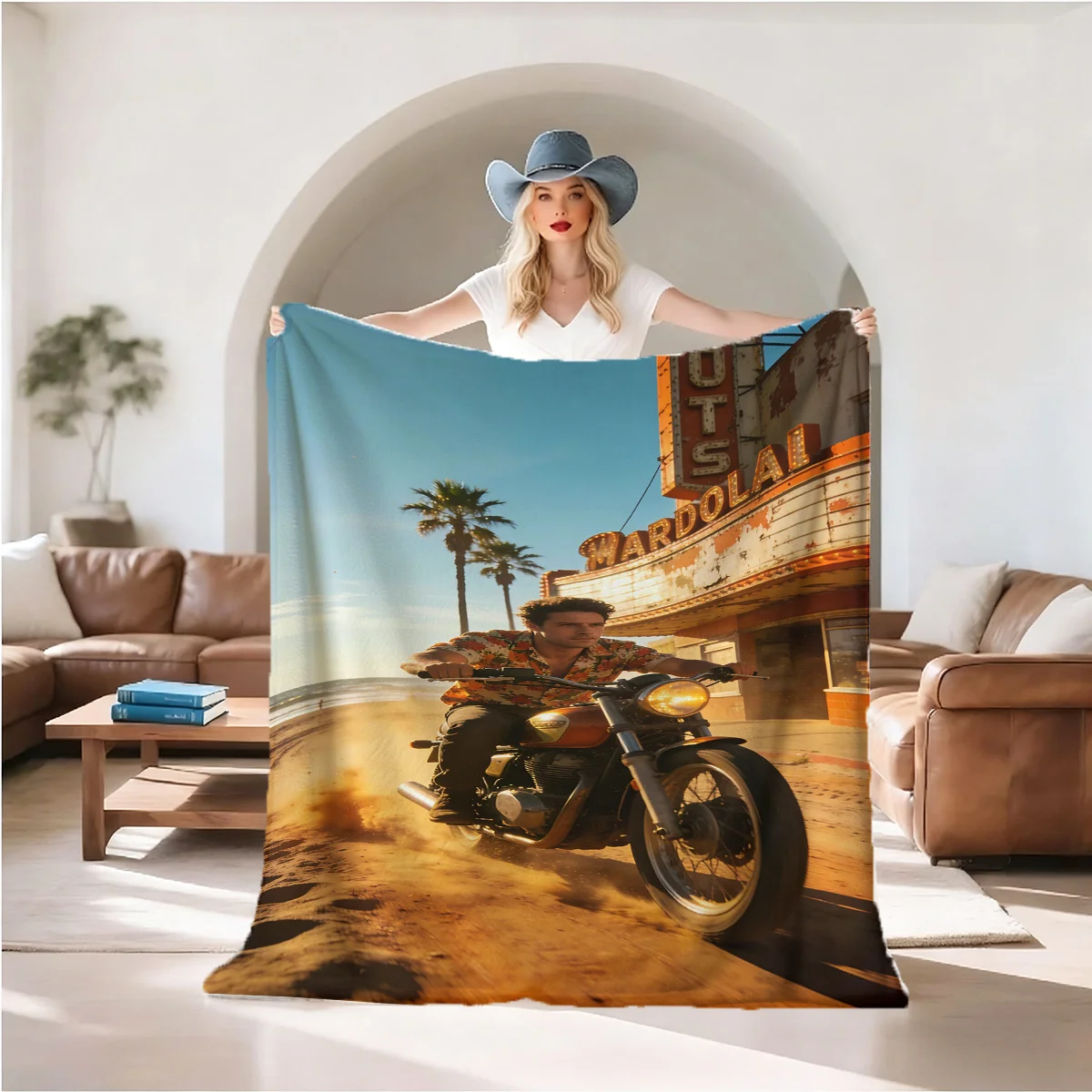 Ultra Large Western Motorcycle Throw Blanket Americana Road Trip Decor Couch Giant Gift 150x230cm Decorative Bed Blanket