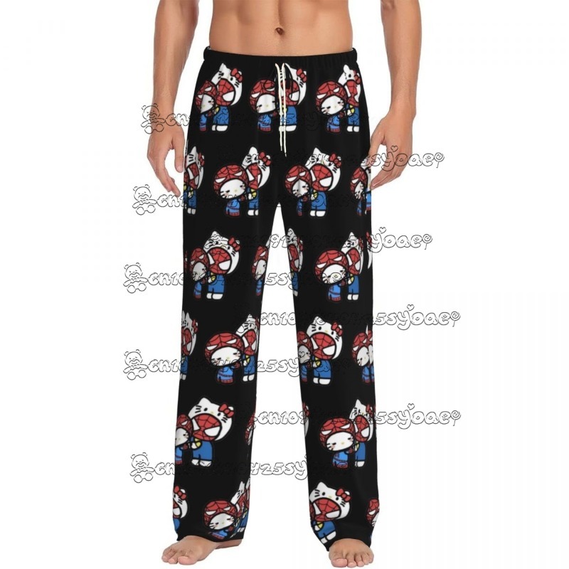  2025 Summer Custom Men Hello Kitty Spider-man Pattern Pajama Pants Printed Kawaii Classical Sleep Sleepwear Bottoms with Pockets 