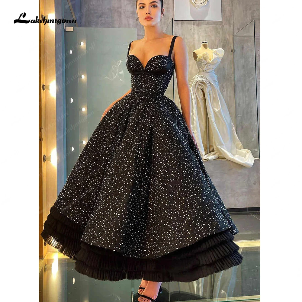 Lakshmigown Glitter Sequin A Line Short Black Wedding Dresses For Women Party Spaghetti Strap Bridal Gowns Vestidos Gala