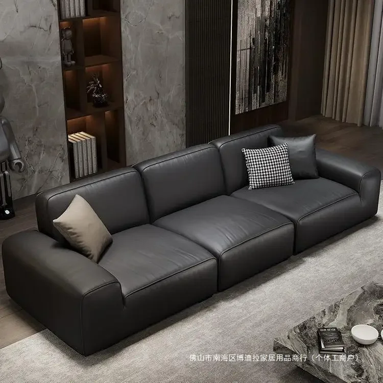 

Leather sofa living room modern simple Italian small apartment tofu block sofa big black cow straight row leather art sofa