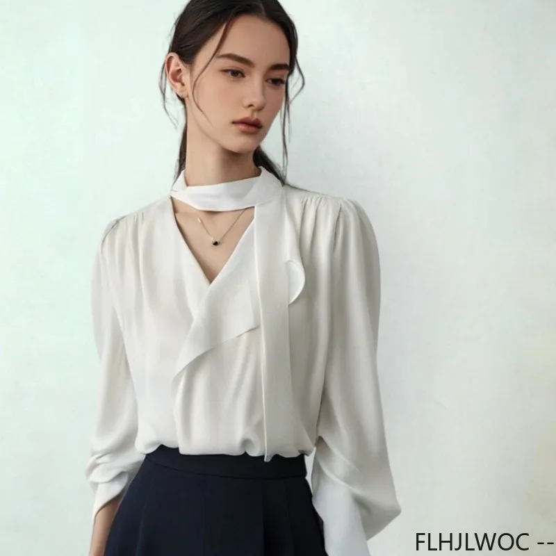 

Female Tops Blouse Hot Sales 2025 Cute Sweet Girls Preppy Style Solid Formal Work Office Lady Lace-Up Bow Tie Basic White Shirts
