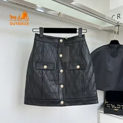 New Winter Genuine Leather Women's Skirt High-grade Sheepskin Diamond Skirt Back Zipper Elegant Cowhide Travel Leather Skirt