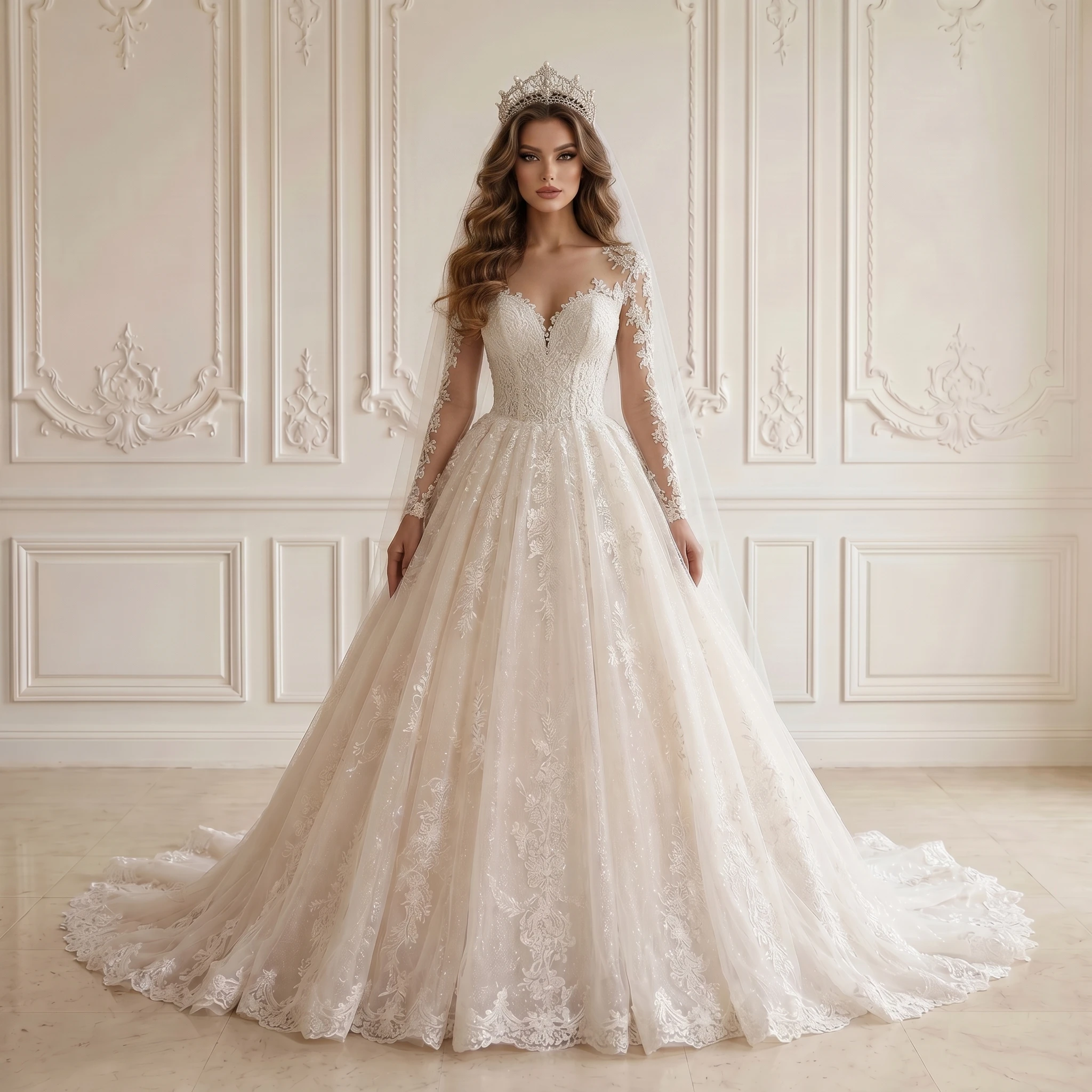 V Neck Long Sleeve Ball Gown Wedding Dress Glitter Floral Lace Corset Back Scalloped Chapel Train Bridal Gown