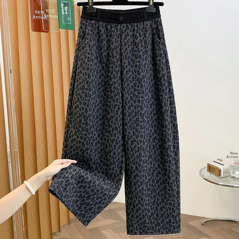 Casual Loose Leopard Print Patchwork Wide Leg Pants Artistic Versatile Large Size Ladies Cotton Blend Comfortable Autumn Trou...