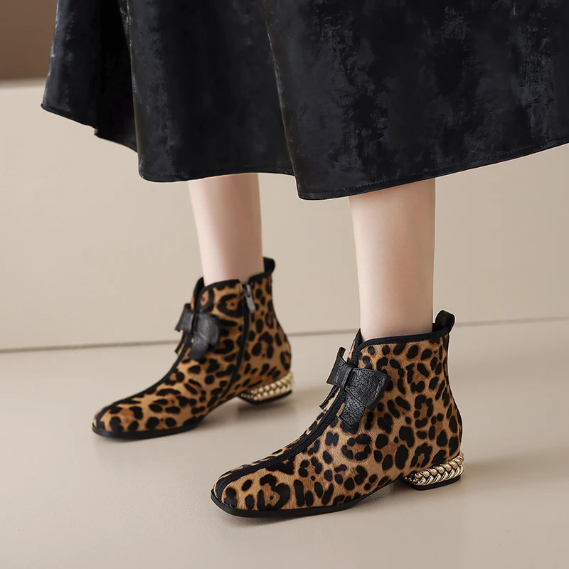 

NEW Autumn/Winter Women Boots Square Toe Chunky Heel Shoes Horsehair Shoes Women Zip Ankle Boots Bow-knot Leopard Modern Boots