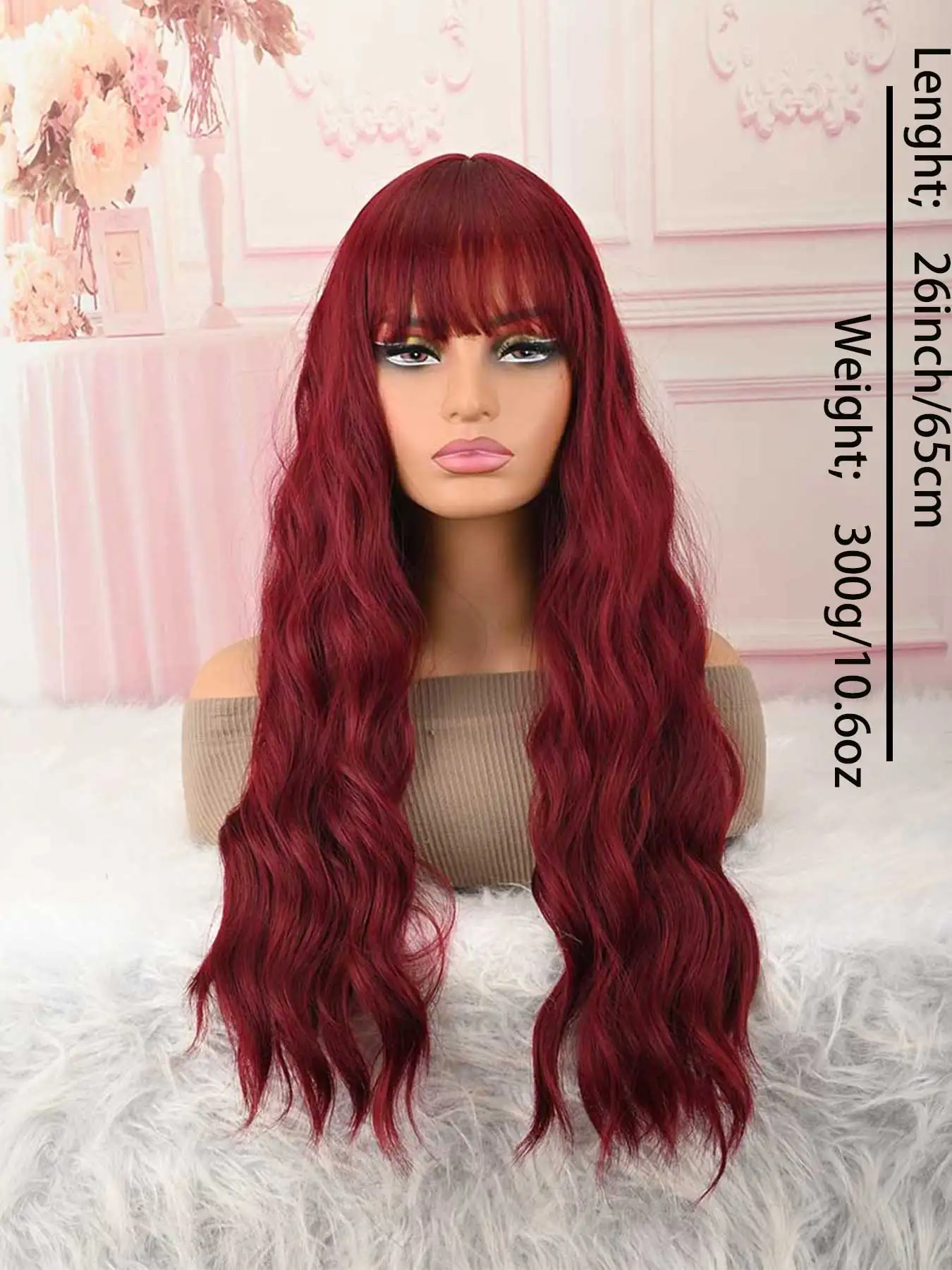 Realistic Wine Red Long Wavy Wig with Straight Fringe, Machine Made Synthetic Water Wave Hairpiece, Low Maintenance Styling Wigs for African American Women Club & Daily Look image 5