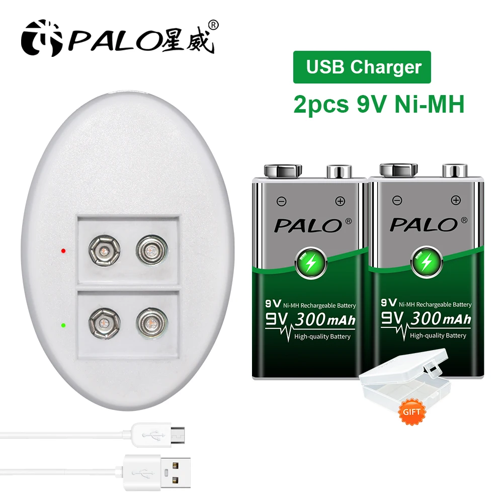 

PALO 300mAh 9V Ni-MH battery rechargeable 9V battery 6f22+usb 9V battery charger for 9V nimh li-ion rechargeable battery