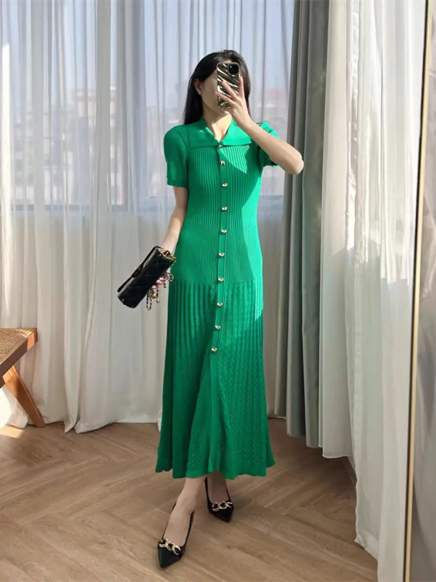 New Summer French Style Women Knitted Dress Short Sleeve Single-breasted Polo Neck Ladies Fashion Maxi Solid Dresses Vestidos