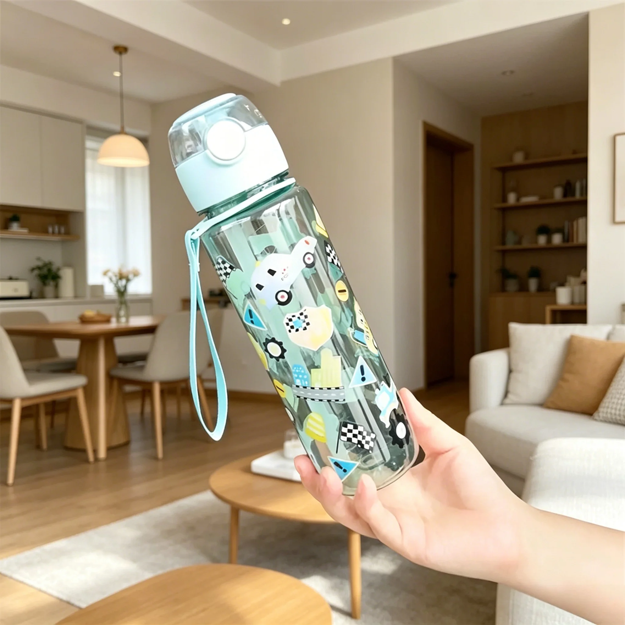 700ML Transparent Water Bottle Full Printed Cartoon Dinosaur Car Rainbow Ocean, Leakproof Reusable Stylish Cup for Juice Water