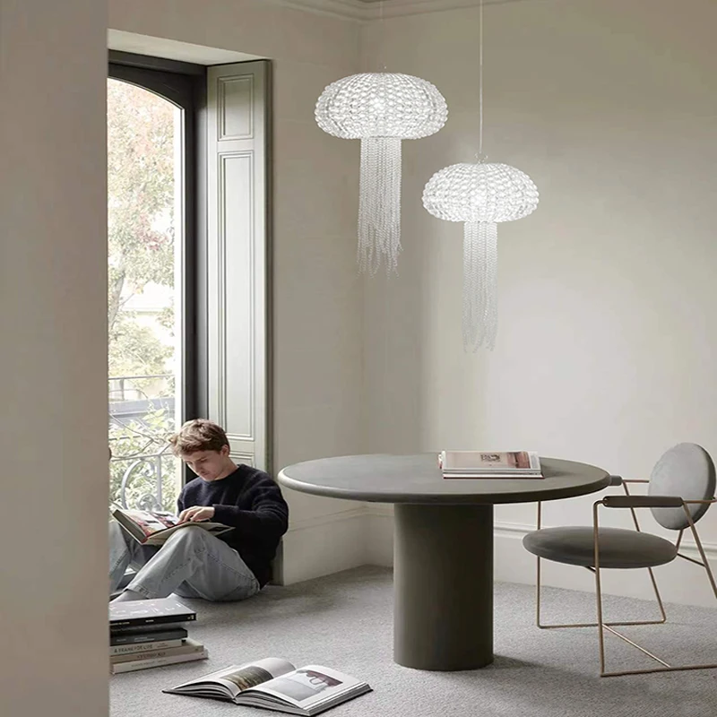 

Modern Luxury LED Jellyfish Chandelier with Crystal Icicles and Tassel Decor Dimmable Suspension Light for Living Room Ceiling