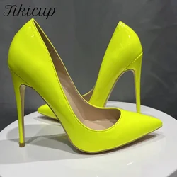 Tikicup Lemon Green Patent Elegant Women Pointy Toe High Heels Slip On Stilettos Elegant Chic Stiletto Pumps Customize 12cm 10cm