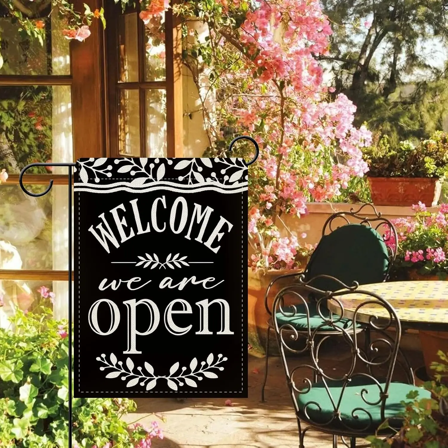 Dyrenson Welcome We Are Open Decorative Garden Flag, Black White Yard Outside Villa Park Home Decoration, Business Burlap Ou PPZ