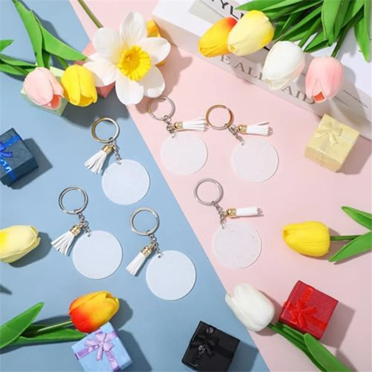 

New-Design Acrylic Keychain Blank with Key Ring DIY Keychain Tassel Rose White