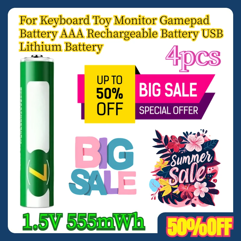 

4pcs For Keyboard Toy Monitor Gamepad Battery AAA Rechargeable Battery 1.5V 555mWh USB Lithium Battery