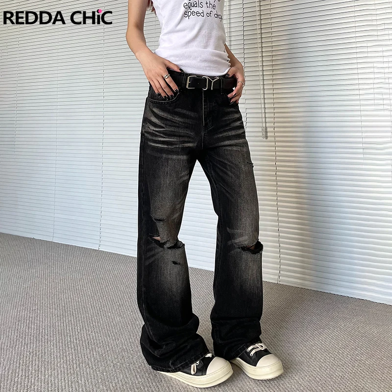 

ReddaChic Women Brushed Black Torn Flare Jeans Cleanfit Whiskers Wide Leg Bell Bottoms Ripped Holes Bootcut Pants Acubi Fashion