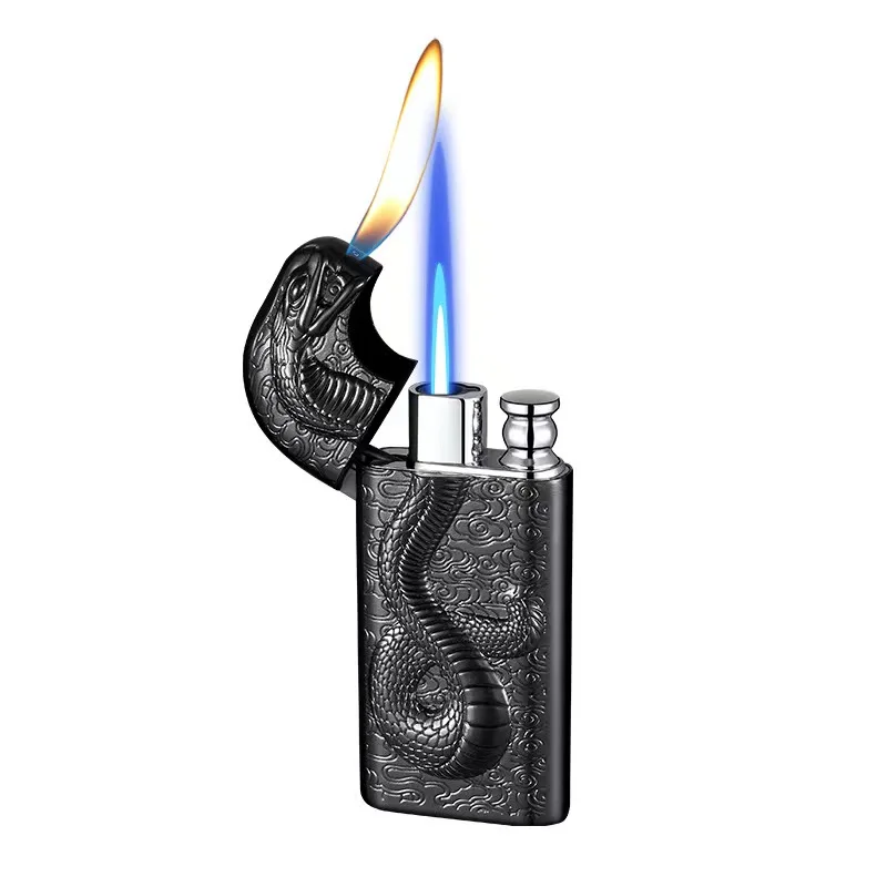 Double-flame gas lighter, three-dimensional embossed metal crocodile-shaped lighter, personalized and creative, trendy men