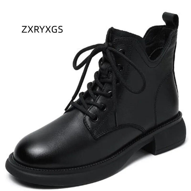 

ZXRYXGS British Lace Superior Quality Genuine Leather Boots Single Short Martin Boot 2023 New Fashion Winter Shoes Women's Boots