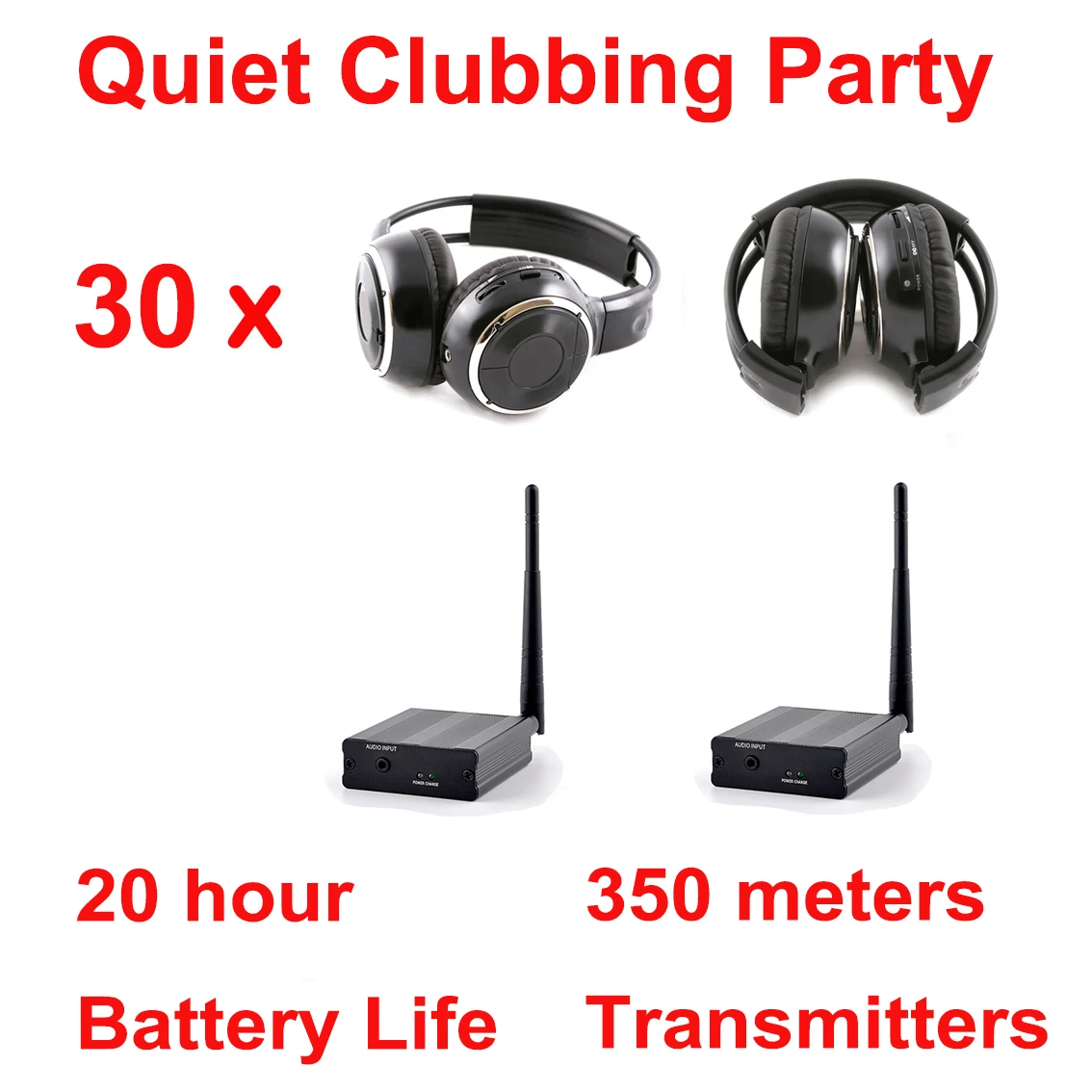 RF Silent Disco Foldable Wireless Headphones - Quiet Clubbing Party Bundle with 30 Folding Headsets +  Transmitters 500m