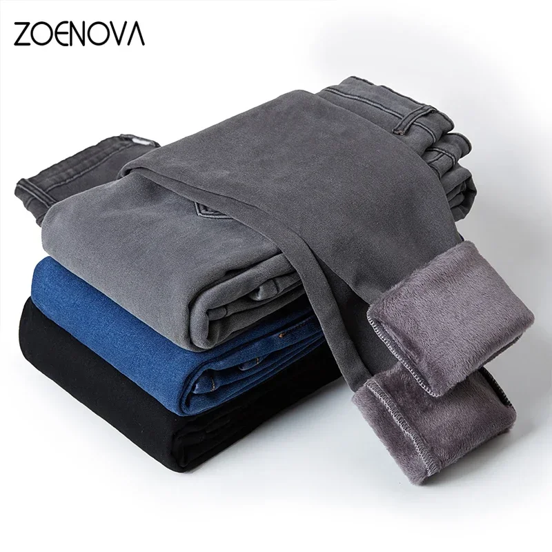 ZOENOVA Elastic Velvet Thermal Jeans Women 2024 Winter Thick Fleece Warm Skinny Mom Jean Casual Stretch Button Pencil Pants Y2K