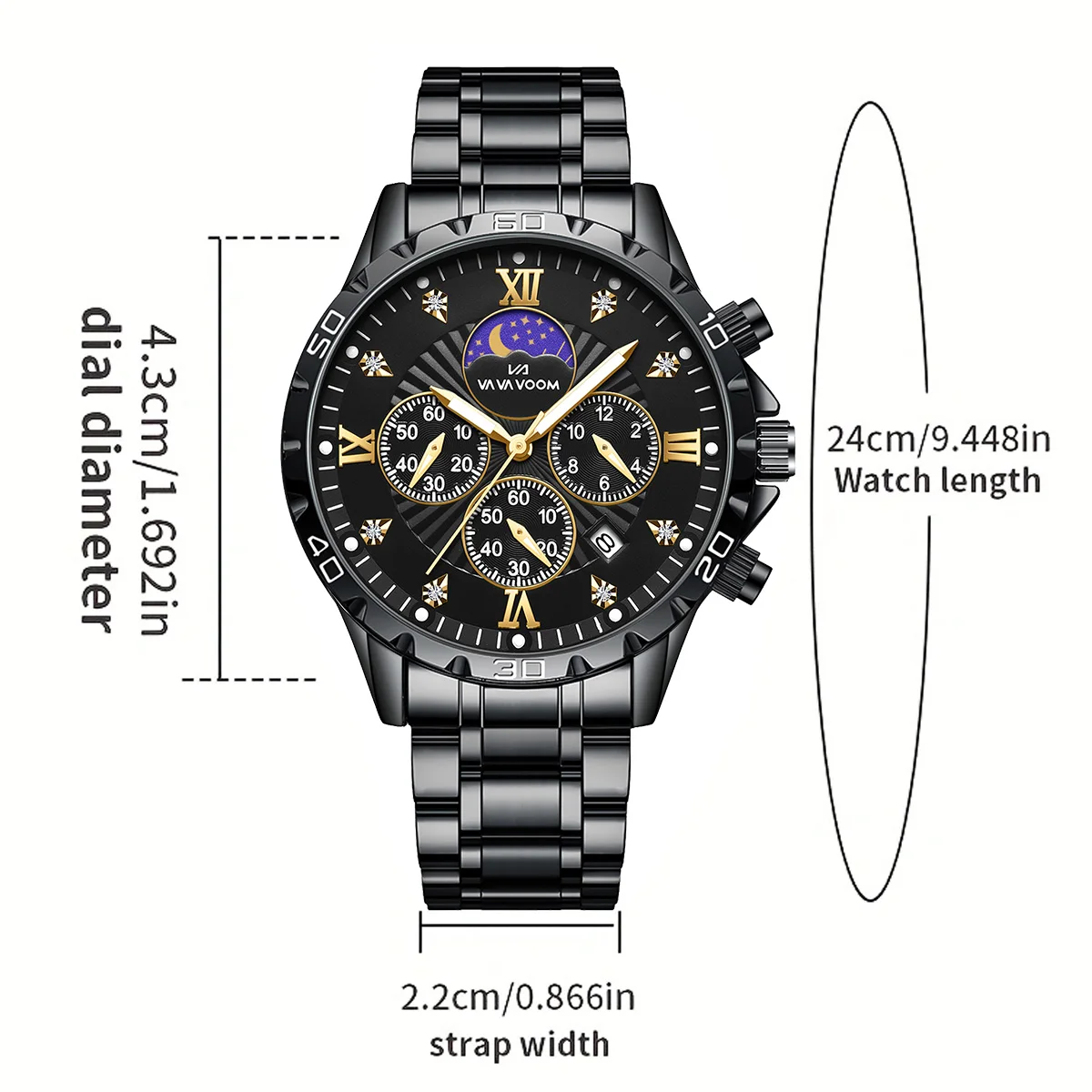 Men Watch US Fast Delivery Multifunctional Luxurious Rhinestone Moonlight Stainless Steel Business Leisure Quartz 1 Set Watches
