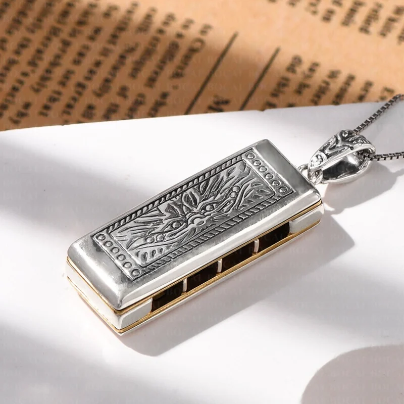 S925 Sterling Silver Charms Pendants for Women Men Retro Flowers Pattern Can Blow Harmonica New Fashion JewelryWholesale