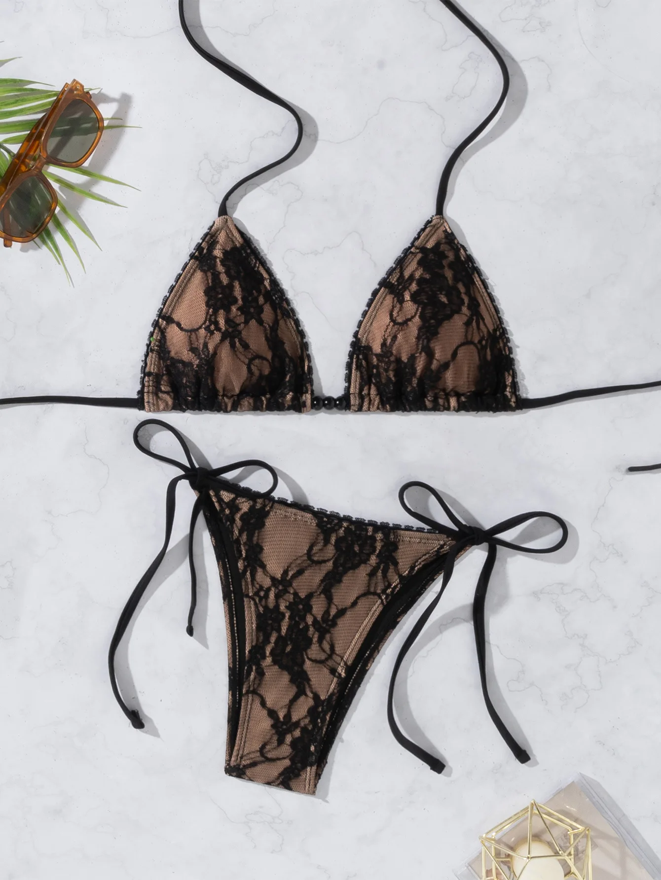 2026 New Woman Fashion Lace Fabric Beaded Strap Naked Back Sexy Casual Slim Split Bikini Swimsuit