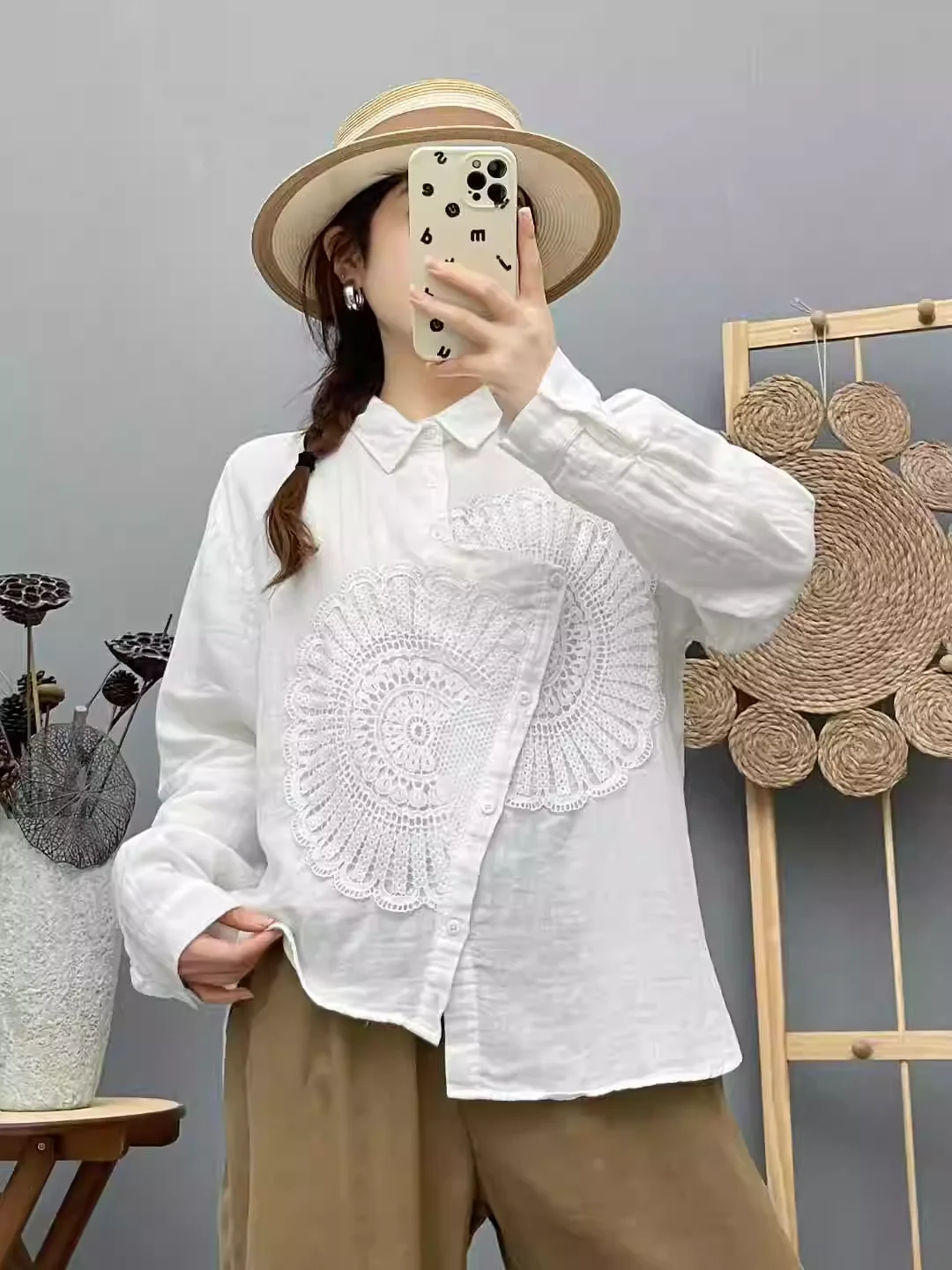 Autumn stylish women blouse 100% cotton yarn blue white embroider hollow out asymmetric shirts long sleeve blouses ladies tops
