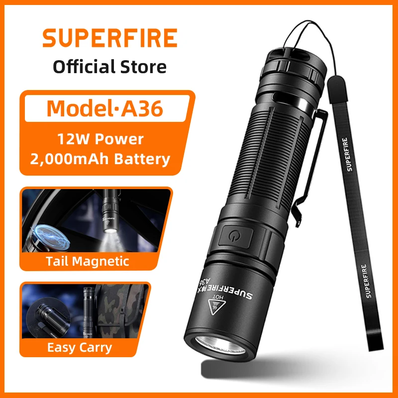 2025 SUPERFIRE A36 LED Flashlight EDC Rechargeable Torch 12W Powerful Portable Type-C with Indicator Magnet Tail Camping Lantern