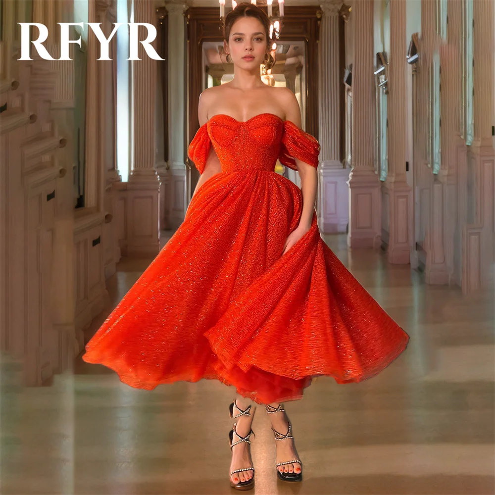 

RFYR Simple Red Evening Dress Off the Shoulder Sequins Pleats A-Line Prom Gowns Sweetheart Glitter Celebrity Dress Customized