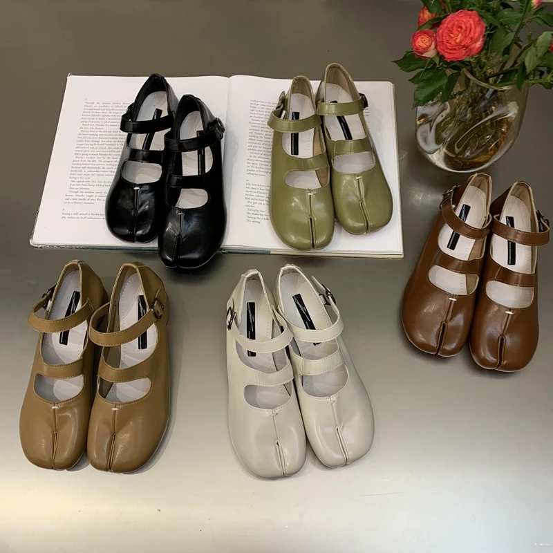 NEW Spring PU Tabi Ninja Moccasins Round Split Toe Shallow Women Single Shoes Buckle strap Female Casual Soft Mary Janes Shoes