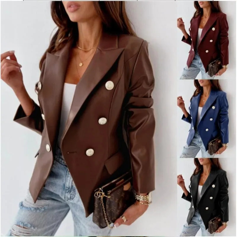 Autumn and Winter Women\'s Solid Color Long Sleeve Double Breasted Loose Leather Suit Coat Fashion Casual Formal Office Lady Tops