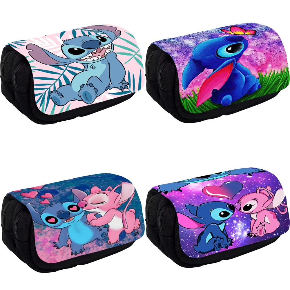 Disney-bolsas de lápices Stitch para niños, todos los estilos, estuche de lápices de nailon con gancho, suministros escolares, juego de papelería