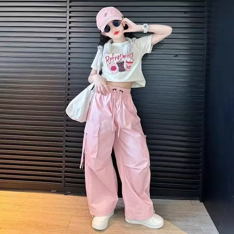 

Летний комплект для девочек 2026: футболка и широкие брюки карго для подростков 5-14 лет