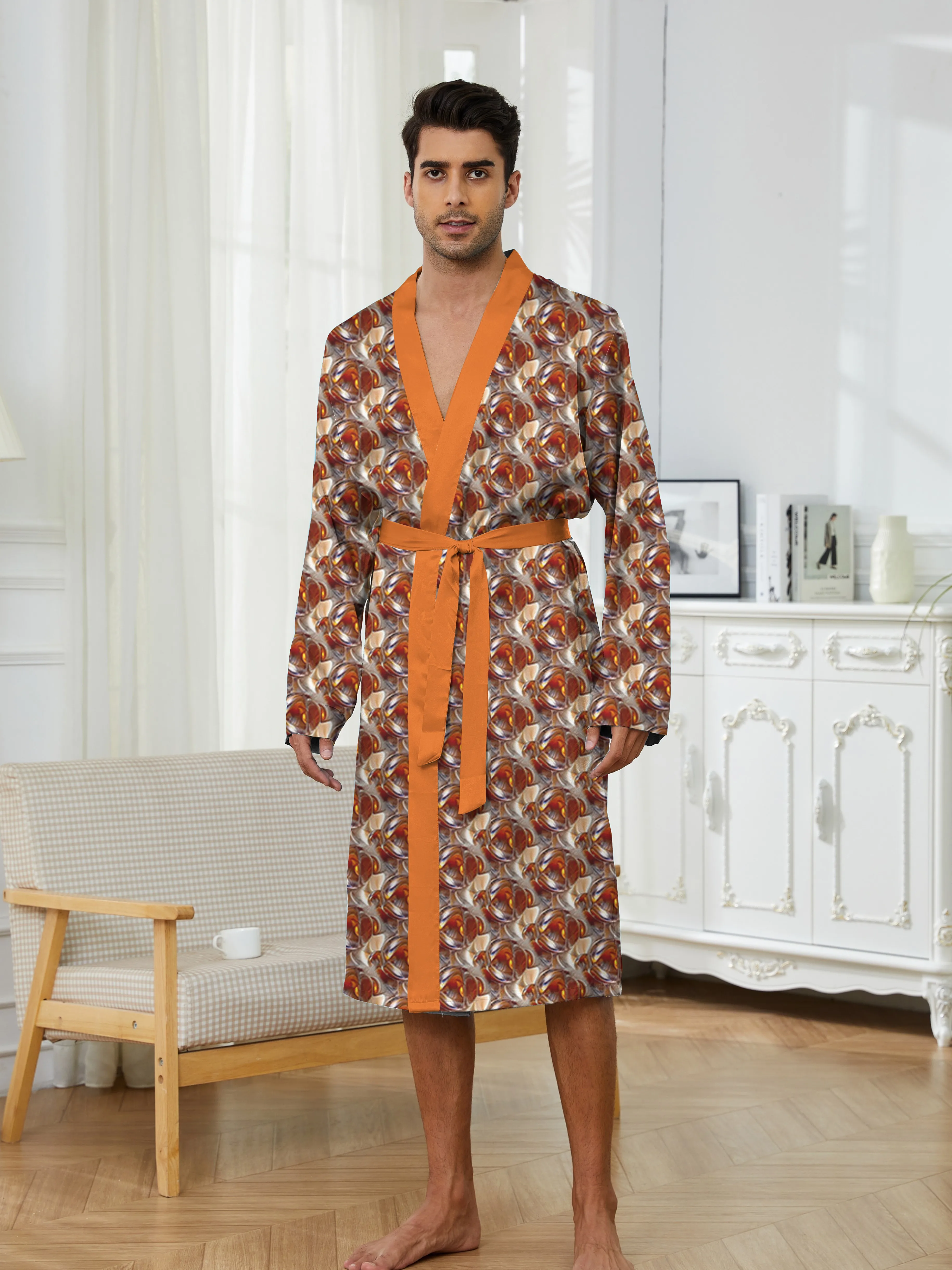 Men's long robe with digital printing and fun sleepwear trend, fast drying leisure and entertainment home nightgown.