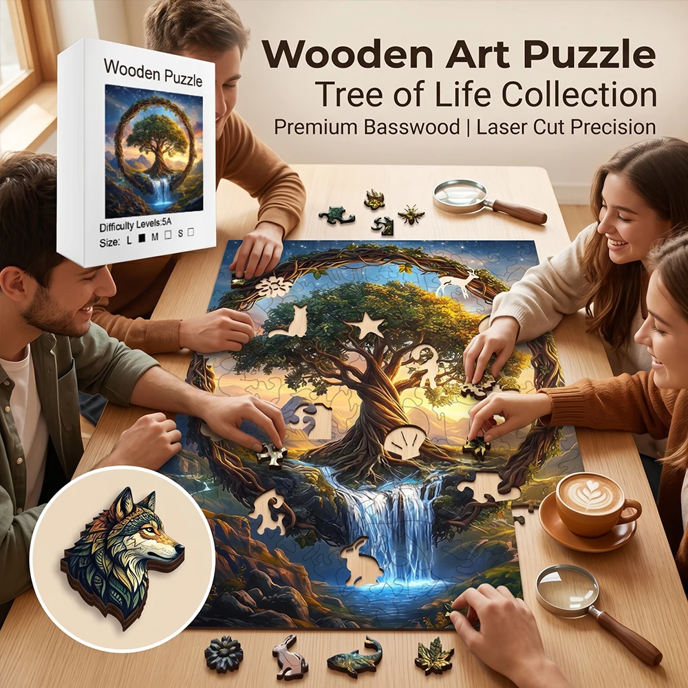 Magical Tree of Life Waterfall Wooden Jigsaw Puzzle, Unique Irregular Animal Shaped Pieces, 5A Hard Difficulty, Family Stress Relief Game, Framable Landscape Wall Decor, Nature Lover Birthday Holiday Gift