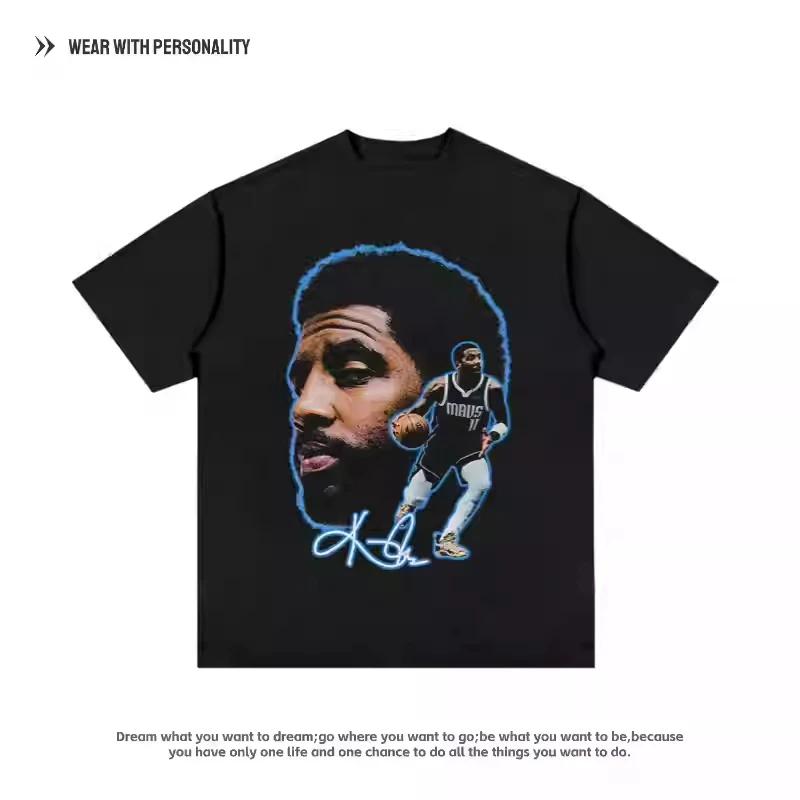 Kyrie Irving Basketball Star Camiseta casual estampada americana masculina e feminina com decote pequeno e mangas curtas