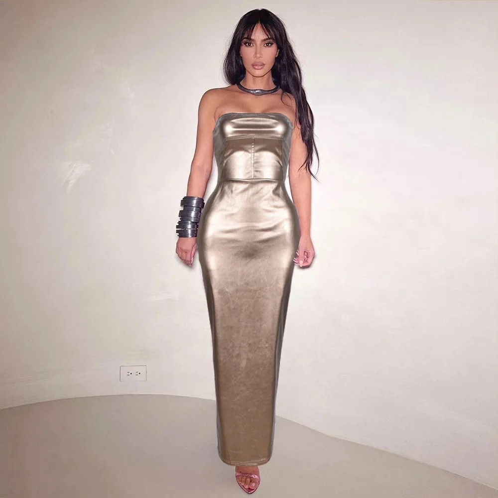 

SKMY Women Clothing 2024 Summer New Fashion Solid Color Zipper PU Leather Dress Sexy Party Clubwear Strapless Long Dresses