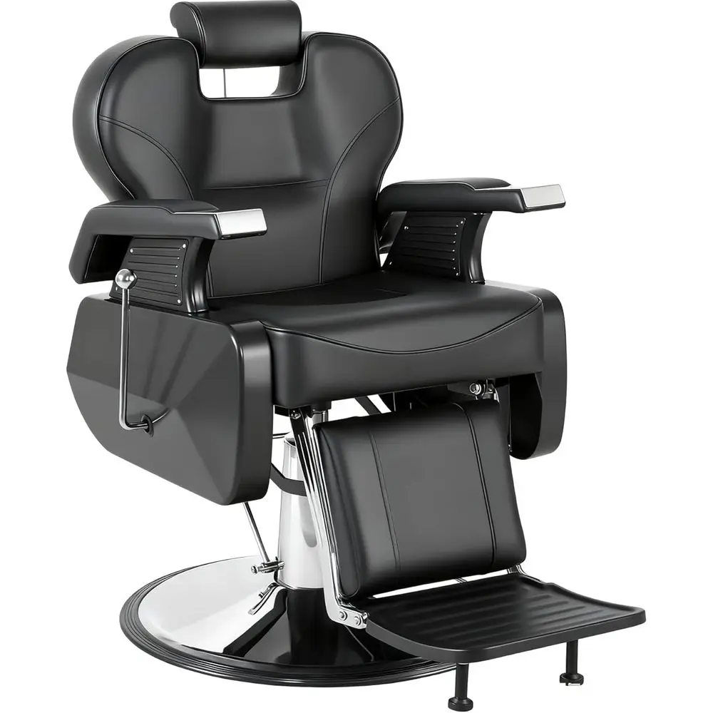 

Sturdy Black Hydraulic Barber Chair with Reclining Backrest and Adjustable Footrest, 360° Swivel for All Positions