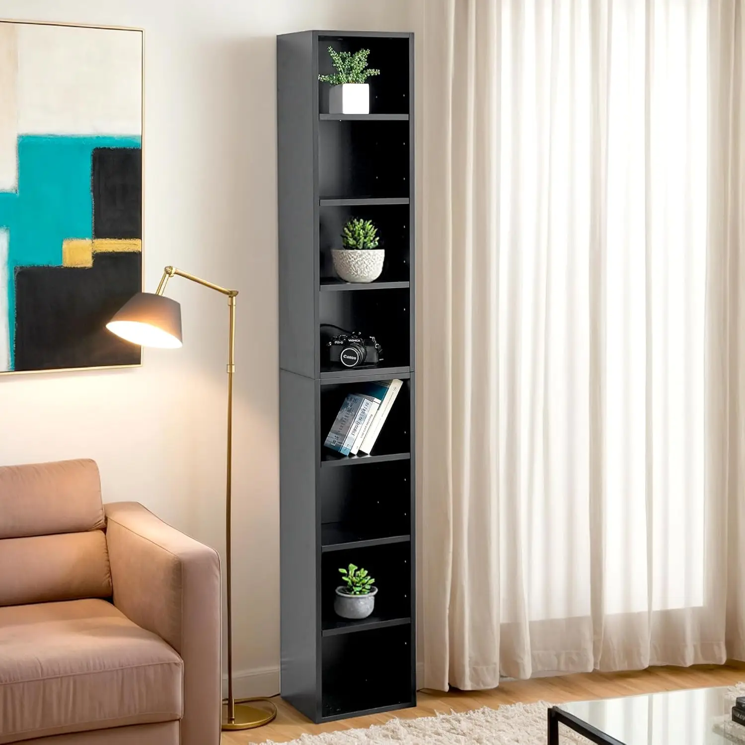 CD DVD Tower Rack Media Storage Display Cabinet Tall Narrow Bookcase with Adjustable Shelves for Small Spaces, 11.6