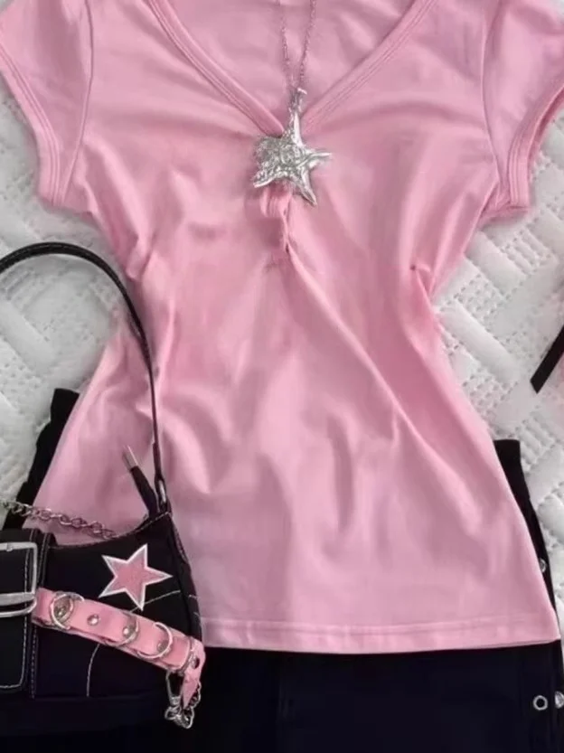 

Retro American Sle Women's Slim Fit ort Sve T-irt Pink Print Casual Versatile Summer Top Korean Sle Creative Design