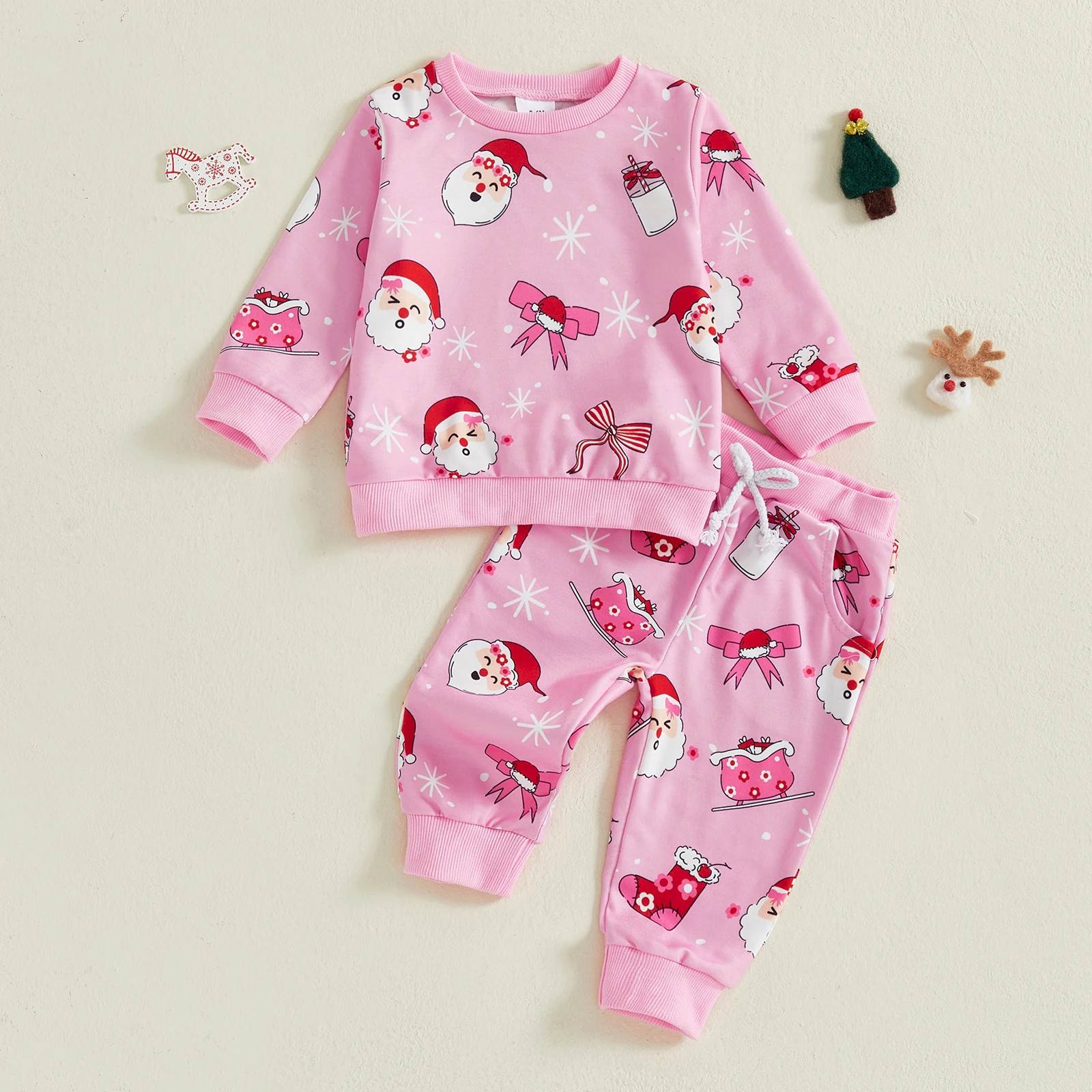 طفلة عيد الميلاد ملابس سانتا ندفة الثلج طباعة طويلة الأكمام جولة الرقبة البلوز + مرونة الخصر السراويل قطعتين مجموعة