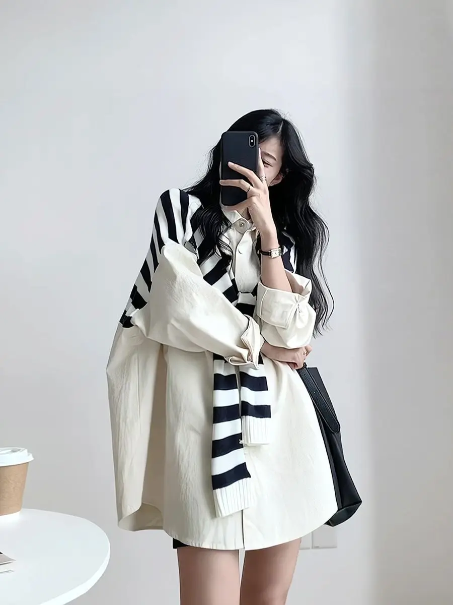 Oversized Large Size Fake Two-piece Shawl Shirt Early Autumn New Chic Long-sleeved Loose Lazy Style Shirt Blouses Womens Tops
