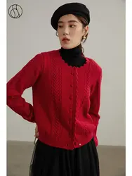 DUSHU Vintage Wavy Design Collar Sweater Cardigan Women Autumn Winter Niche Style Casual Cozy Retro Red Short Sweater Female