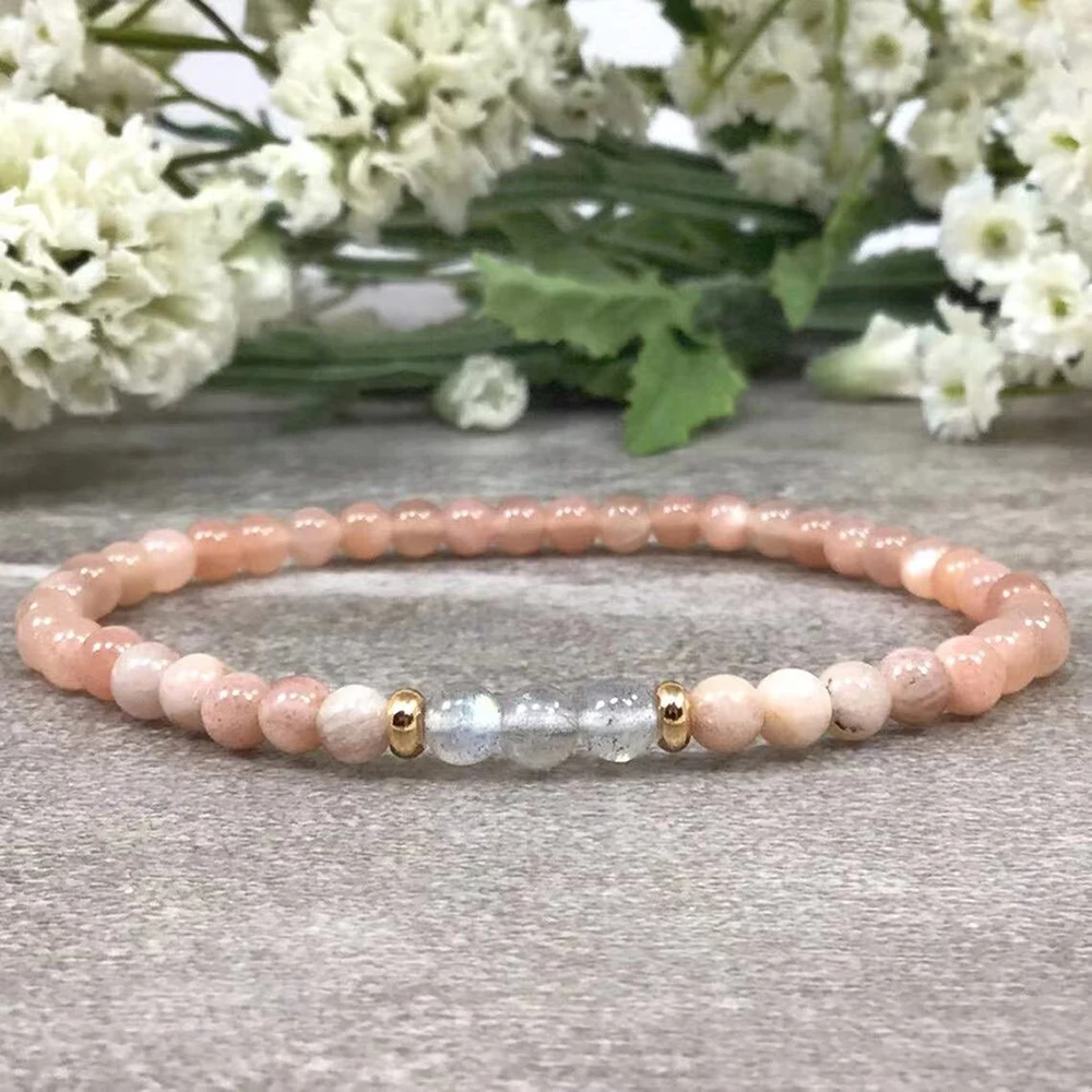 MG2229 4 MM Peach Sunstone Labradorite Beaded Bracelet Handmade Stretch Healing Crystals Bracelet Anxiety Relief Protect