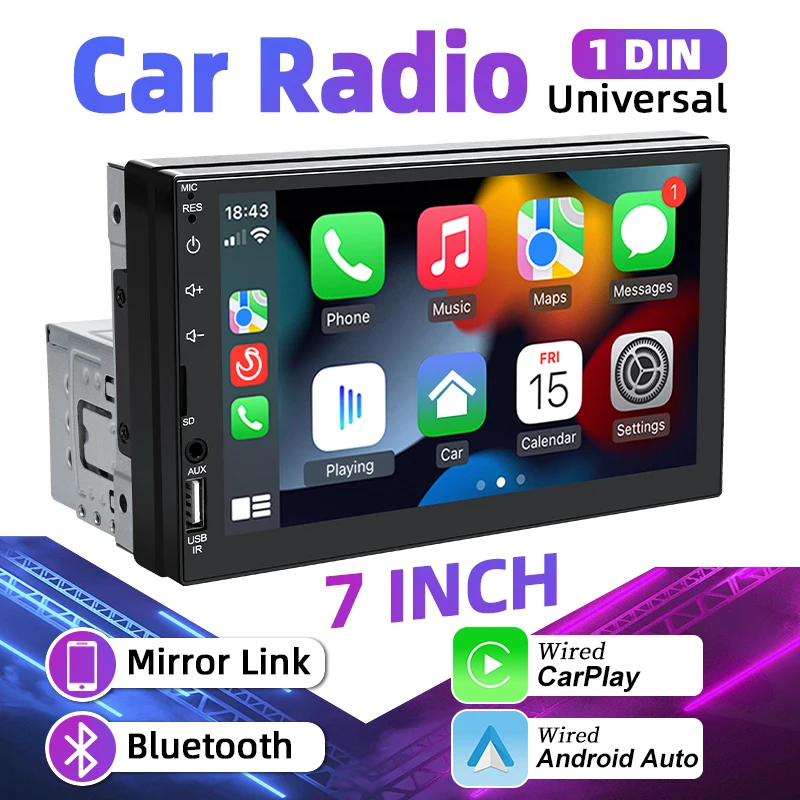 7” 1 Din Radio Samochodowe Carplay Android Auto Odtwarzacz Multimedialny Uniwersalne Autoradio Ekran Dotykowy HD FM Wejście AUX Bluetooth MirrorLink